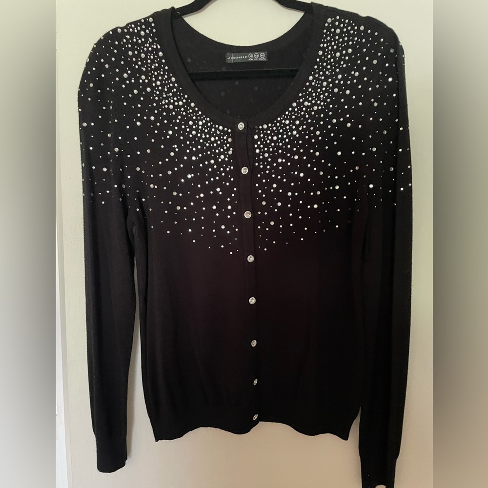 Atmosphere rhinestone embellished button-down cardigan in black, size 14
